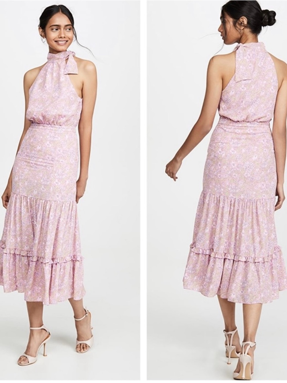 Likely Mona Floral Ruffle Halter Midi Dress Pink Womens 4 Tie Neck Wedding Guest